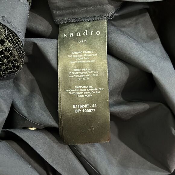 NWOT SANDRO Paris Back Button Short Sleeve Lace Front Shirt Navy Blue Sz 1 - Picture 6 of 9